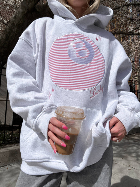 Sunkissed Coconut Pearl Grey Lucky You 8 Ball Embroidered Hoodie