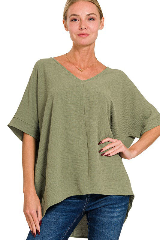 Tried & True Light Olive Woven Airflow V-Neck Dolman Sleeve Top