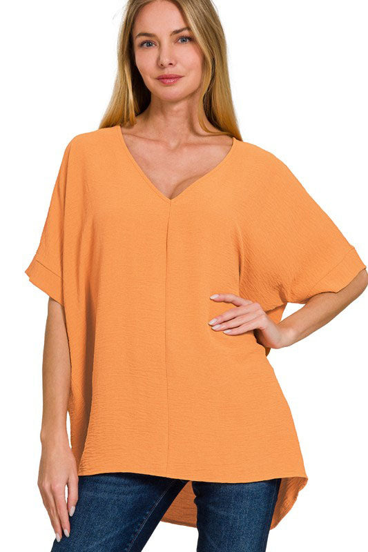 Tried & True Apricot Woven Airflow V-Neck Dolman Sleeve Top
