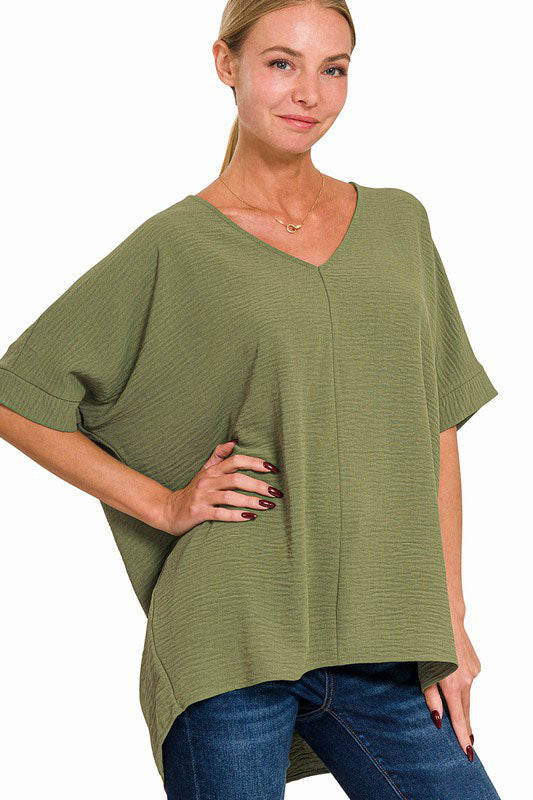 Tried & True Ash Olive Woven Airflow V-Neck Dolman Sleeve Top