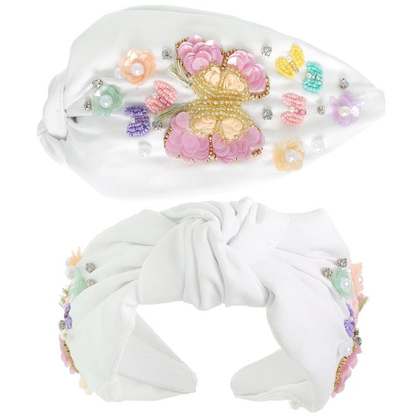 Butterfly White Beaded Knotted Headband