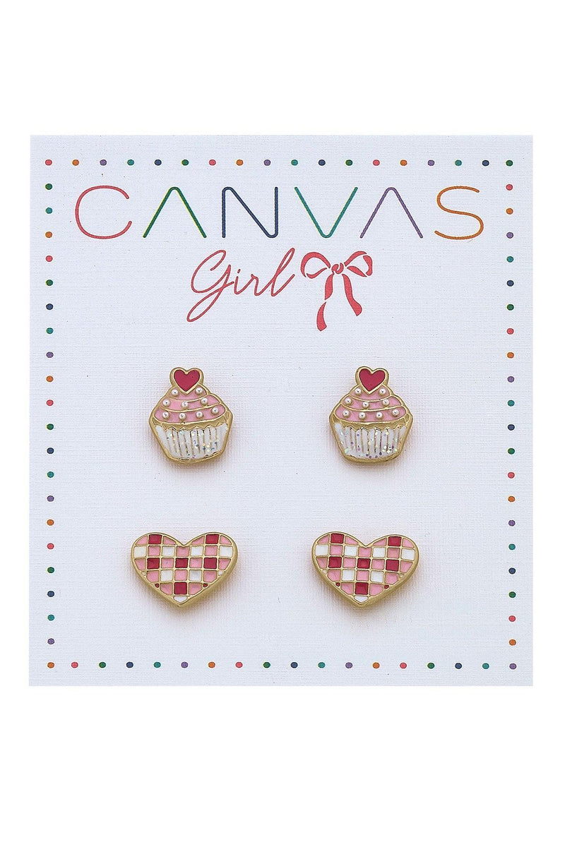 Livi Cupcake & Gingham Heart Kid's Stud Earrings Set
