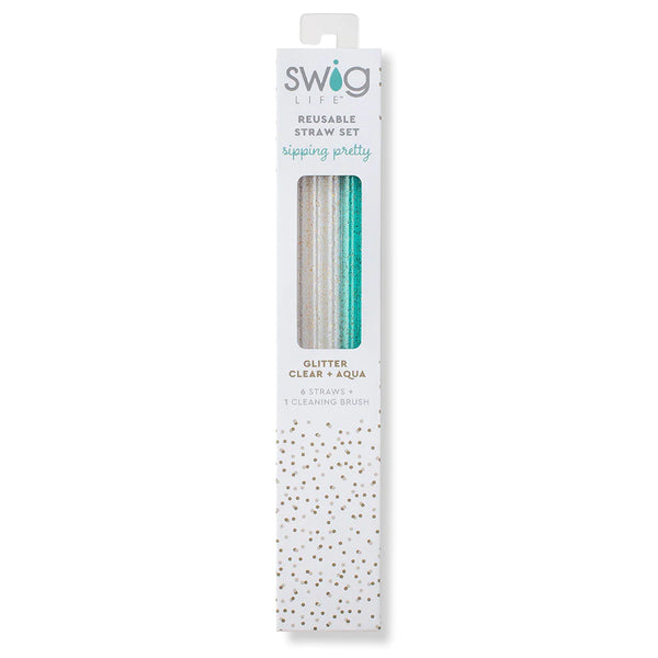 Swig Glitter Clear & Aqua Reusable Straw Set Queen Creek Florist