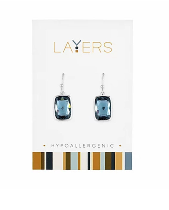 Blue Sapphire Stone Rectangle Layers Dangle Earrings in Silver
