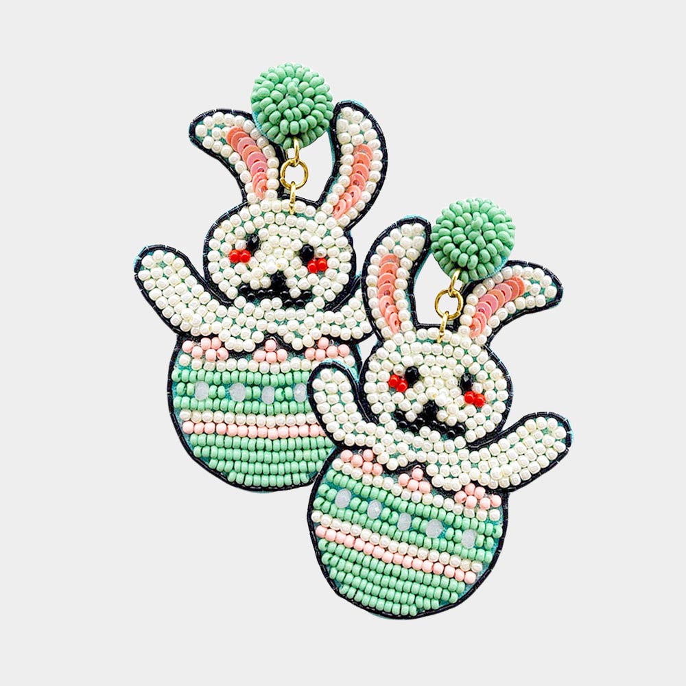 Mint Seed Bead Easter Bunny Egg Earrings