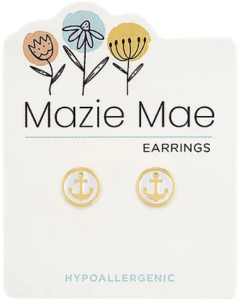 White Enamel Anchor Gold Stud Mazie Mae Earrings