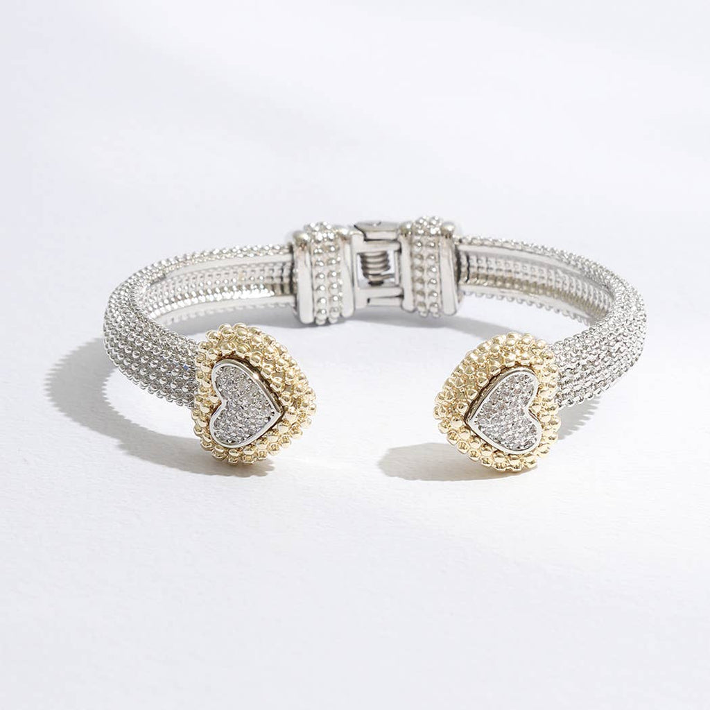 Textured Bangle Two Tone CZ Heart Edge Bracelet