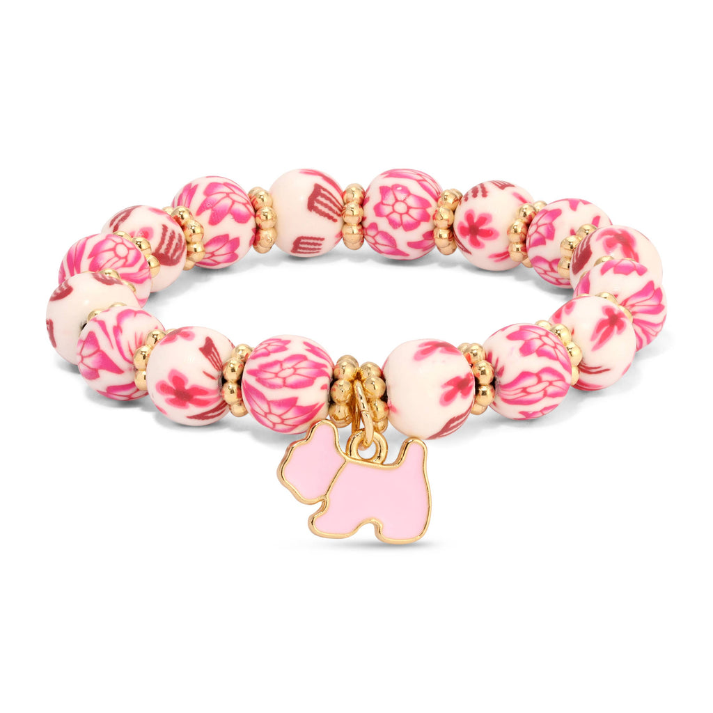 Pink & White Floral Kids Clay Beaded Stretch Charm Bracelets