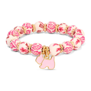 Pink & White Floral Kids Clay Beaded Stretch Charm Bracelets