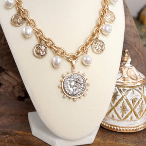 Boho Coin and Pearl Charms Silver Statement Necklace