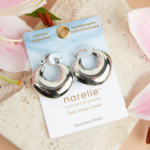 Narelle Silver Waterproof Round Geo Hoop Earrings