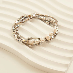 Narelle Silver Waterproof Multi Genuine Pearl Stretch Bracelet Set