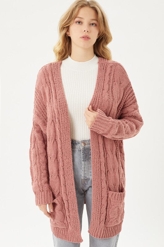 All Bundled Up Mauve Chenille Cable Knit Cardigan
