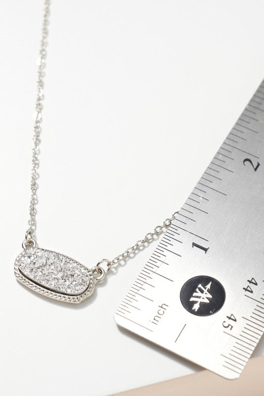 Veronica Oval Silver Rhodium Druzy Stone Charm Necklace