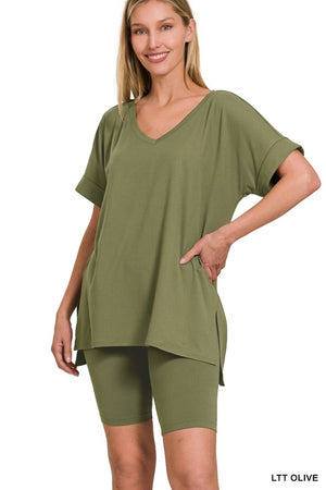 Work It Out Light Olive Microfiber Top & Biker Shorts Set