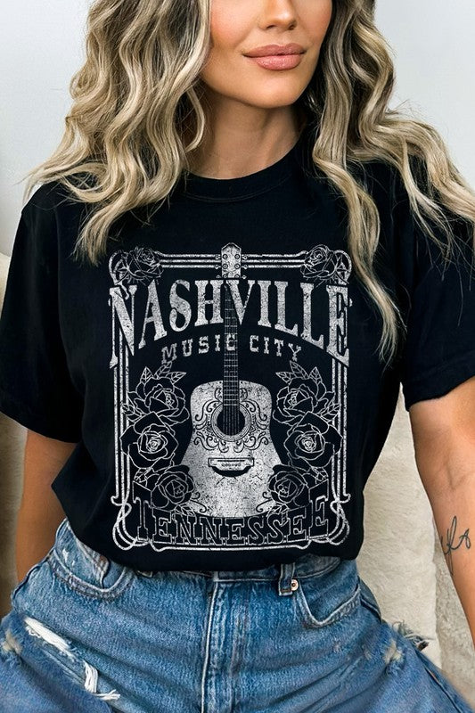 Nashville Music City Roses Black Tee