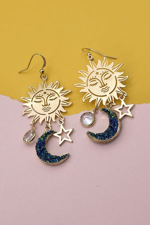 Sun Moon & Stars CZ Drop Earrings