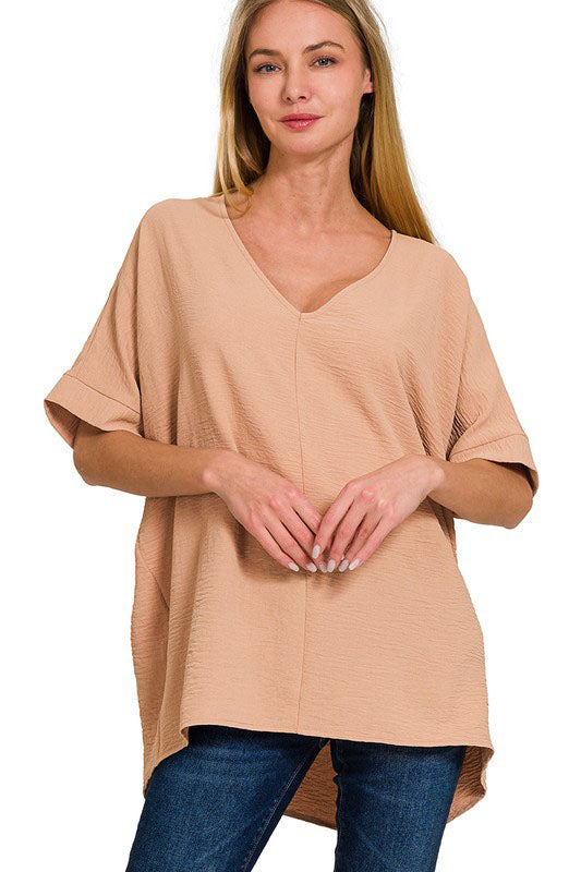 Tried & True Brush Woven Airflow V-Neck Dolman Sleeve Top