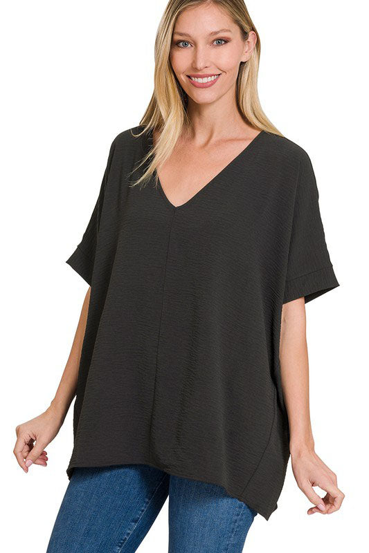 Tried & True Black Woven Airflow V-Neck Dolman Sleeve Top