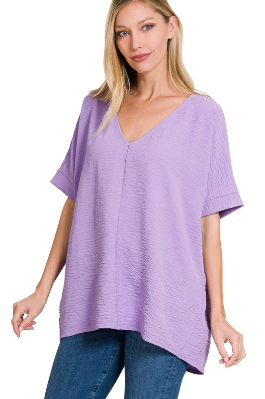 Tried & True Lavender Woven Airflow V-Neck Dolman Sleeve Top