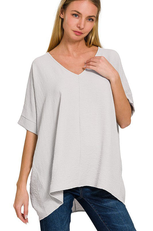 Tried & True Light Cement Woven Airflow V-Neck Dolman Sleeve Top