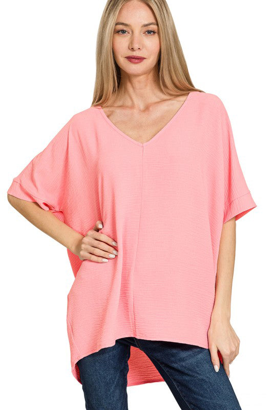 Tried & True Pink Woven Airflow V-Neck Dolman Sleeve Top
