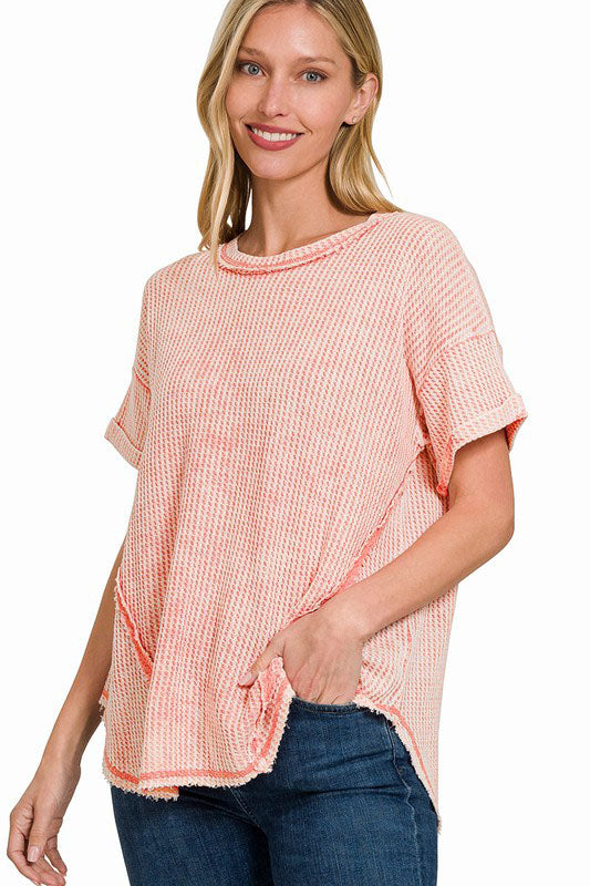Just Say So Washed Waffle Rolled Up Short Sleeve Top