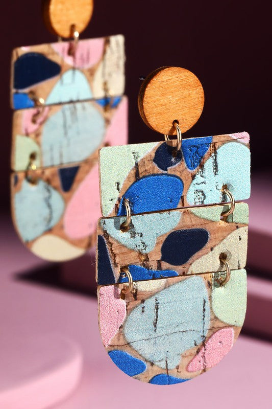 Abstract Painted Wood & Cork Earrings