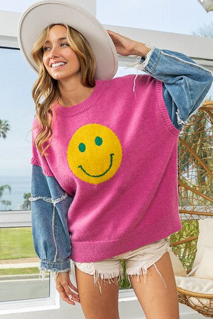 All Smiles Denim Sleeve Sweater