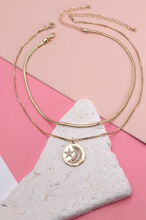 Moon & Star Snake Chain Double Row Necklace