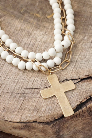 Ever Near Multi-Strand Cream Wood Beads Cross Necklace