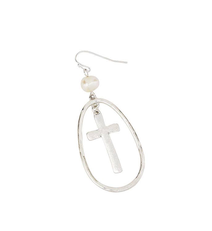Hammered Metal Ring And Cross Silver Earrings