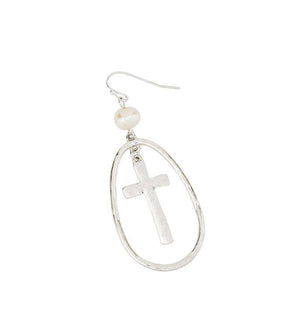 Hammered Metal Ring And Cross Silver Earrings