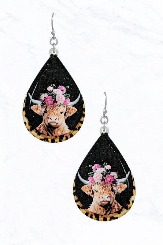 Highland Cow with Flowers Teardrop Earrings