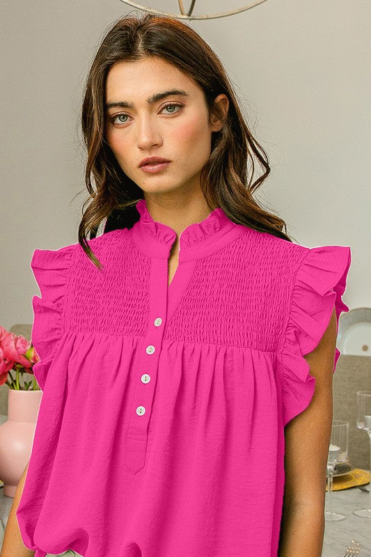 Treasure You Fuchsia Ruffled Armhole Smocked Yoke Top