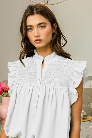 Treasure You Off White Ruffled Armhole Smocked Yoke Top