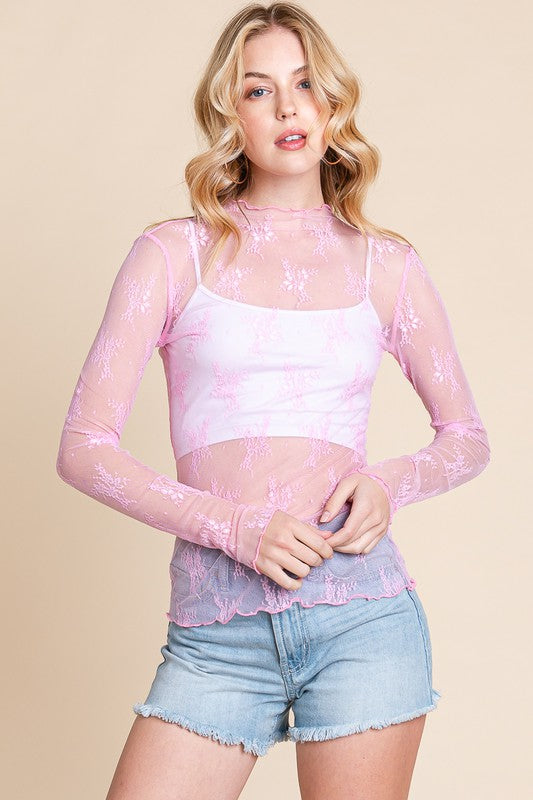 Seeing Clearly Pink All Over Sheer Lace Top