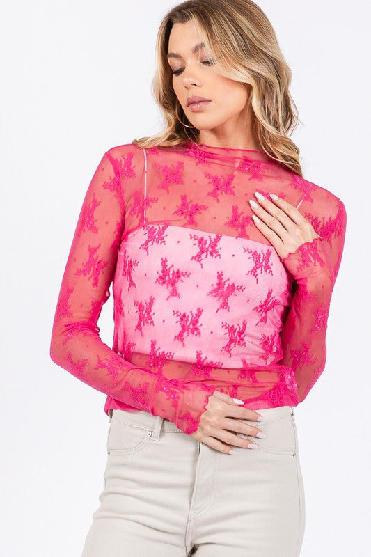 Seeing Clearly Hot Pink All Over Sheer Lace Top