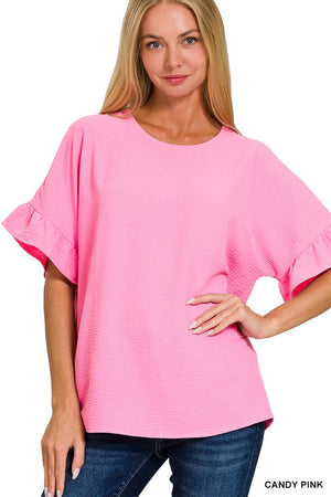 All I Need Candy Pink Woven Airflow Ruffle Sleeve Top