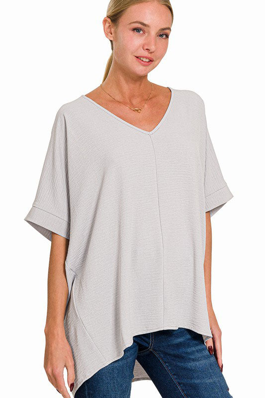 Tried & True Light Grey Woven Airflow V-Neck Dolman Sleeve Top