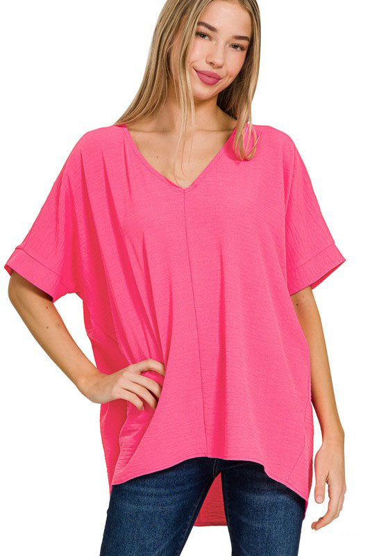 Tried & True Fuchsia Woven Airflow V-Neck Dolman Sleeve Top