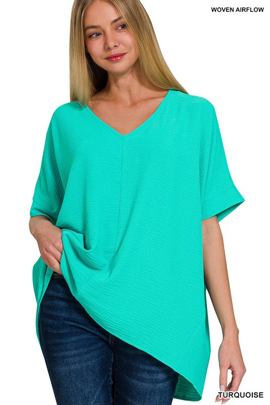 Tried & True Turquoise Woven Airflow V-Neck Dolman Sleeve Top