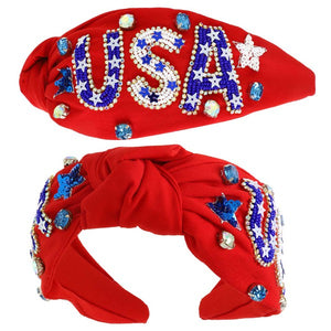 USA Patriotic Jeweled Beaded Headband