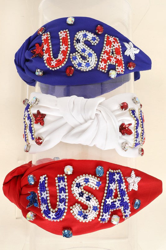 USA Patriotic Jeweled Beaded Headband