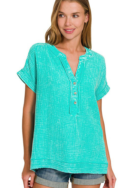 Driftwood Days Turquoise Washed Double Gauze Top