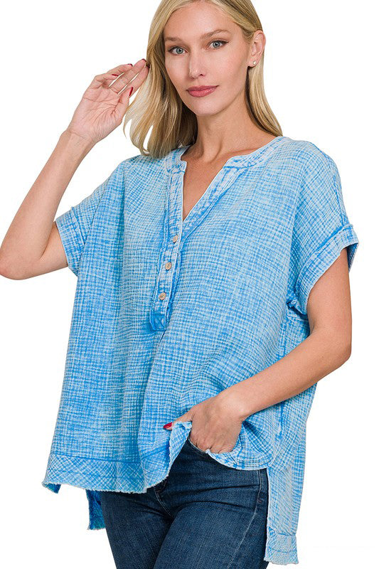 Driftwood Days Deep Sky Washed Double Gauze Top
