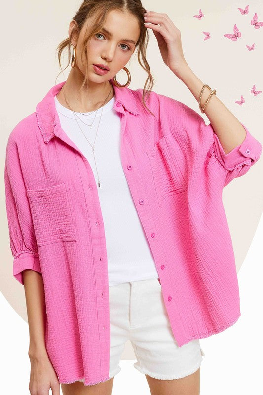 Better Together Candy Pink Gauze Button Down Top