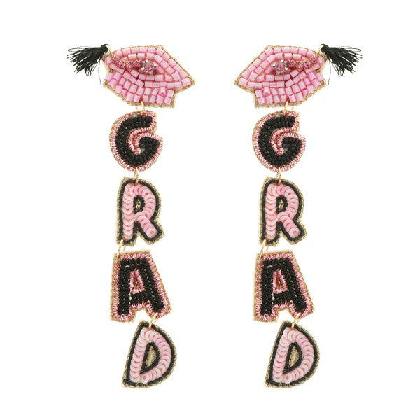 Grad Cap Pink Beaded Earrings