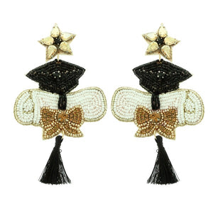 Graduation Cap & Diploma Black Tassel Earrings