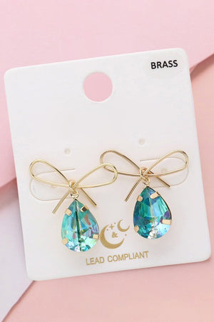 Tiffany Metal Bow Glass Stone Earrings